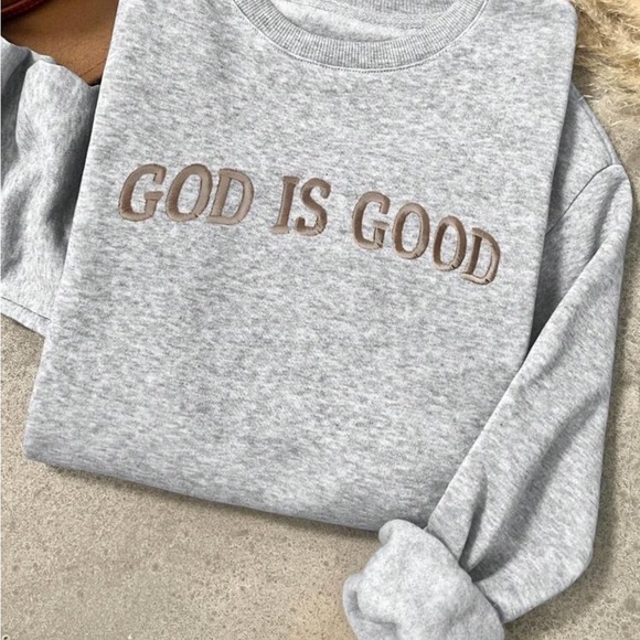 Gray Crewneck Sweater with Embroidered God Is Good - Picture 2 of 8